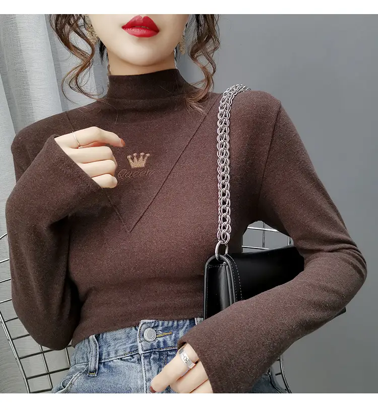 Women Velvet Long Sleeve Turtleneck Shirt Brown — feature 26