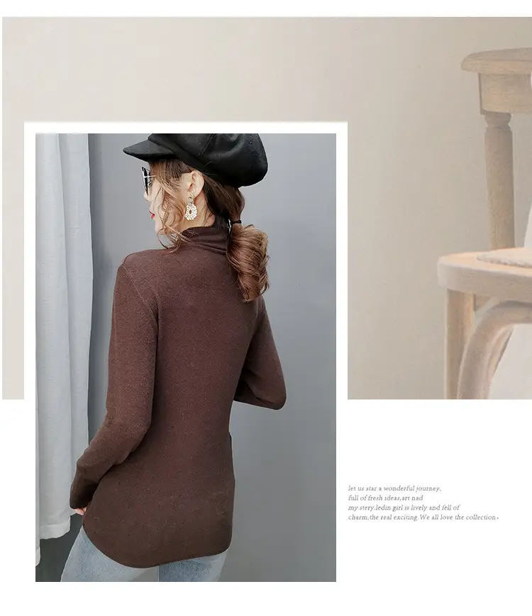 Women Velvet Long Sleeve Turtleneck Shirt Brown — feature 27