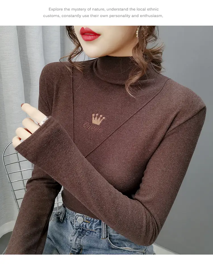 Women Velvet Long Sleeve Turtleneck Shirt Brown — feature 28