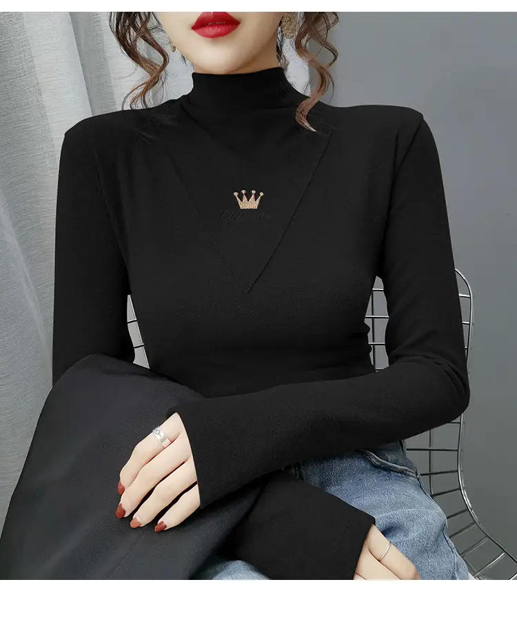 Women Velvet Long Sleeve Turtleneck Shirt Brown — feature 29