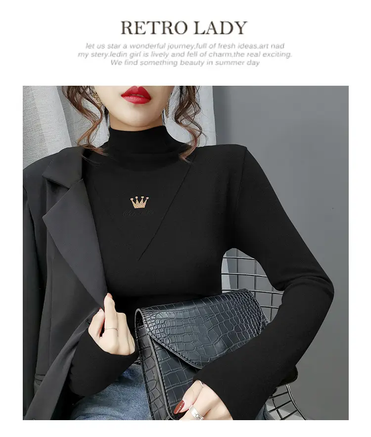 Women Velvet Long Sleeve Turtleneck Shirt Brown — feature 30
