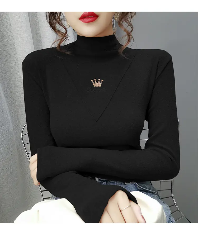 Women Velvet Long Sleeve Turtleneck Shirt Brown — feature 31