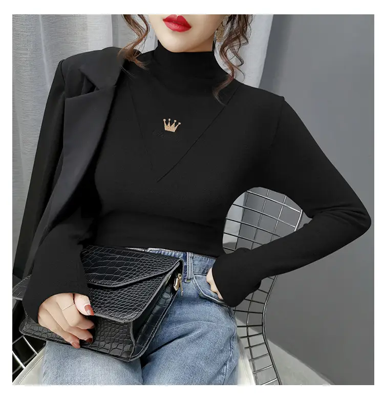 Women Velvet Long Sleeve Turtleneck Shirt Brown — feature 32