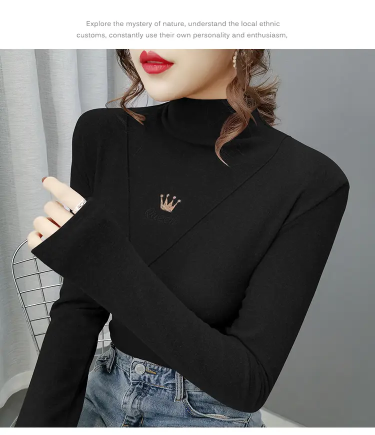 Women Velvet Long Sleeve Turtleneck Shirt Brown — feature 33