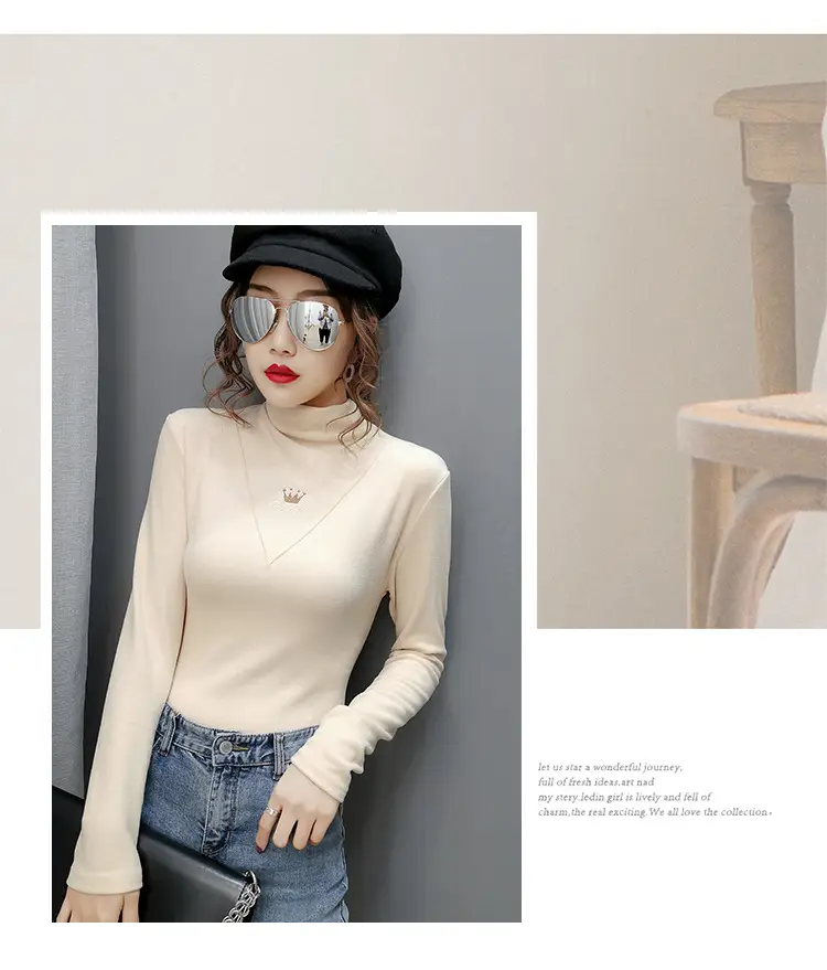 Women Velvet Long Sleeve Turtleneck Shirt Brown — feature 4