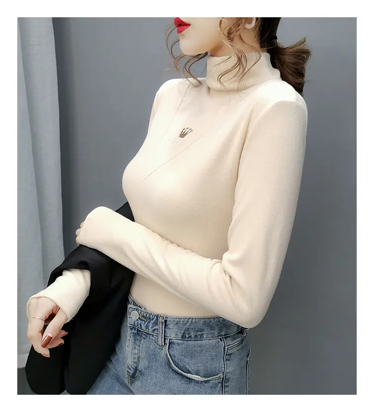 Women Velvet Long Sleeve Turtleneck Shirt Brown — feature 5