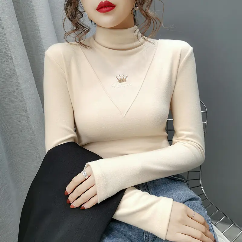 Women Velvet Long Sleeve Turtleneck Shirt Brown — feature 6