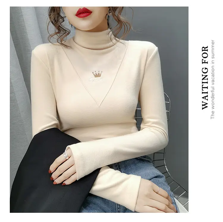 Women Velvet Long Sleeve Turtleneck Shirt Brown — feature 7