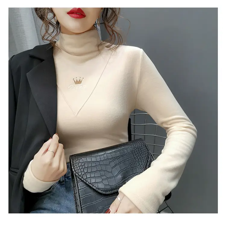 Women Velvet Long Sleeve Turtleneck Shirt Brown — feature 8