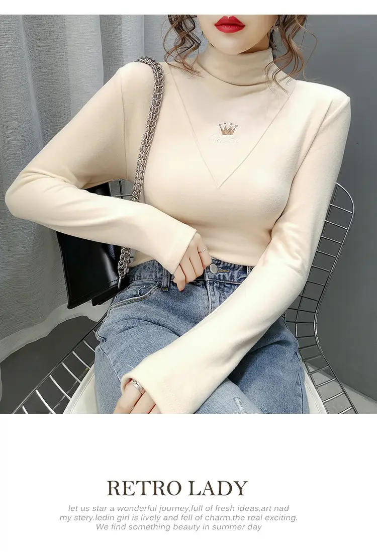 Women Velvet Long Sleeve Turtleneck Shirt Brown — feature 9