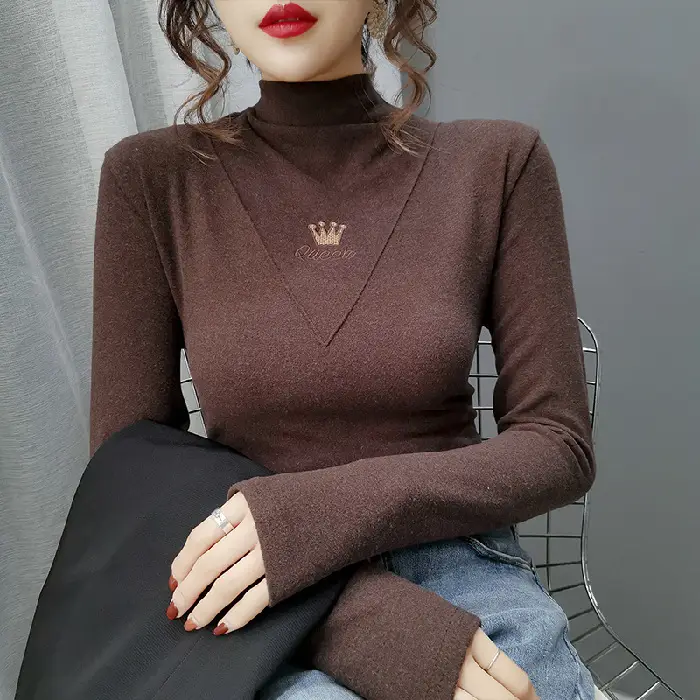 Women Velvet Long Sleeve Turtleneck Shirt Brown - Image 2