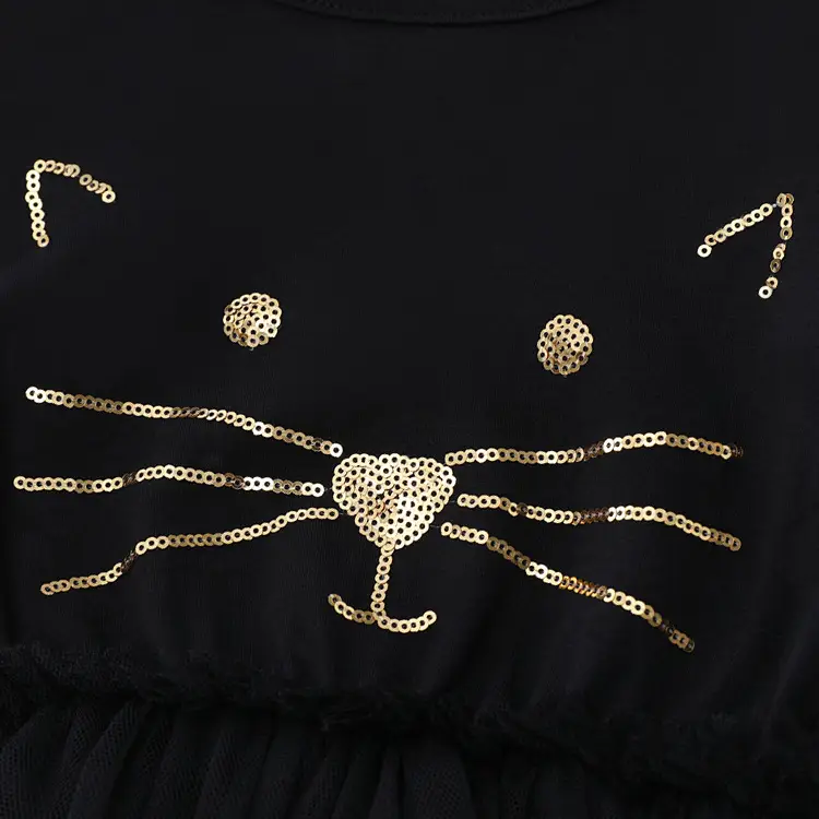 Black Cat Embroidered Long Sleeve Knitted Dress for Girls