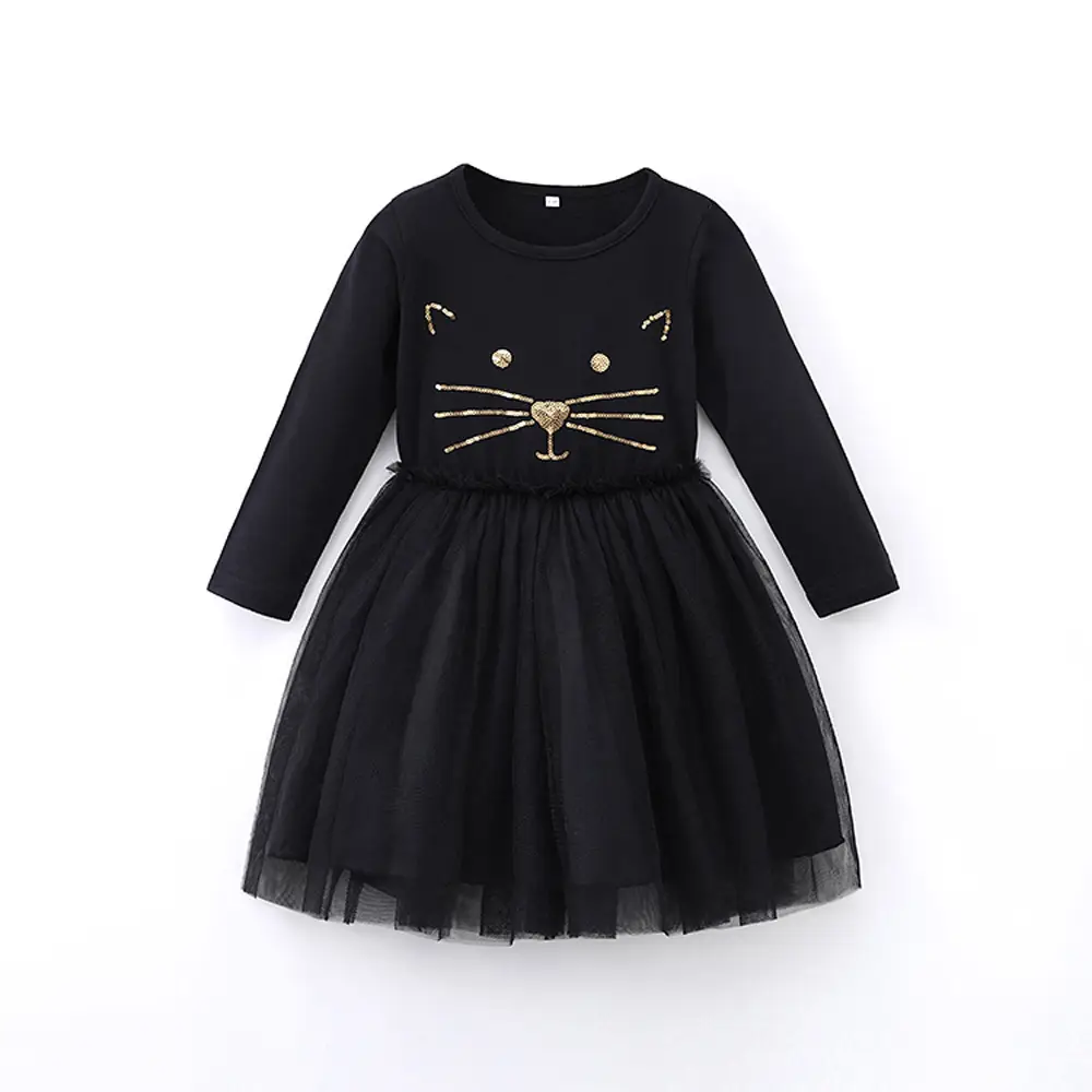 Black Cat Embroidered Long Sleeve Knitted Dress for Girls