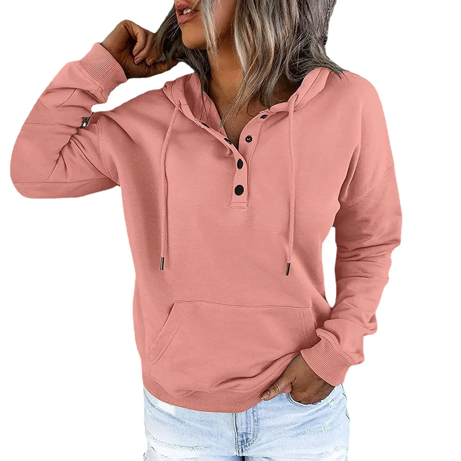 Women's Pink Fleece Hoodie Long Sleeve Drawstring Pocket