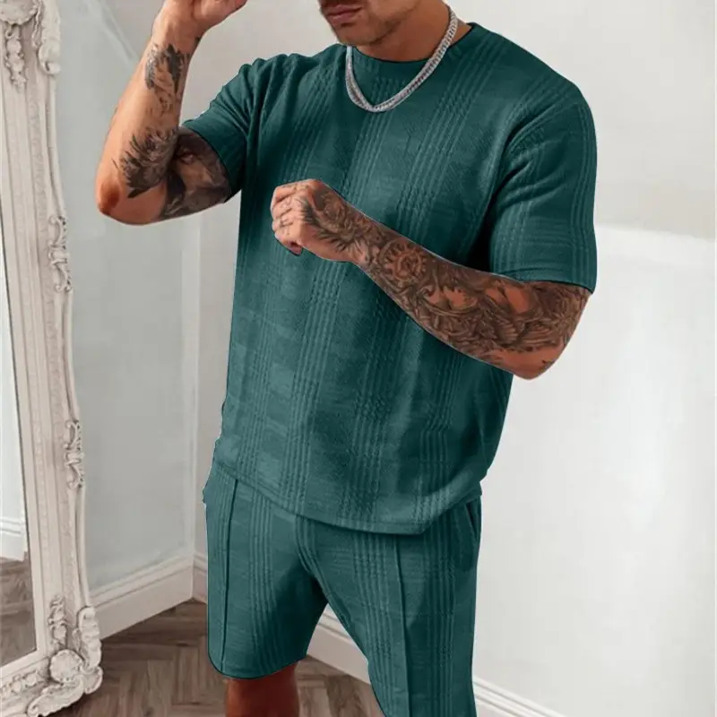 Men Green Ribbed Shorts Set Short Sleeve Casual Sports Wear - Image 6