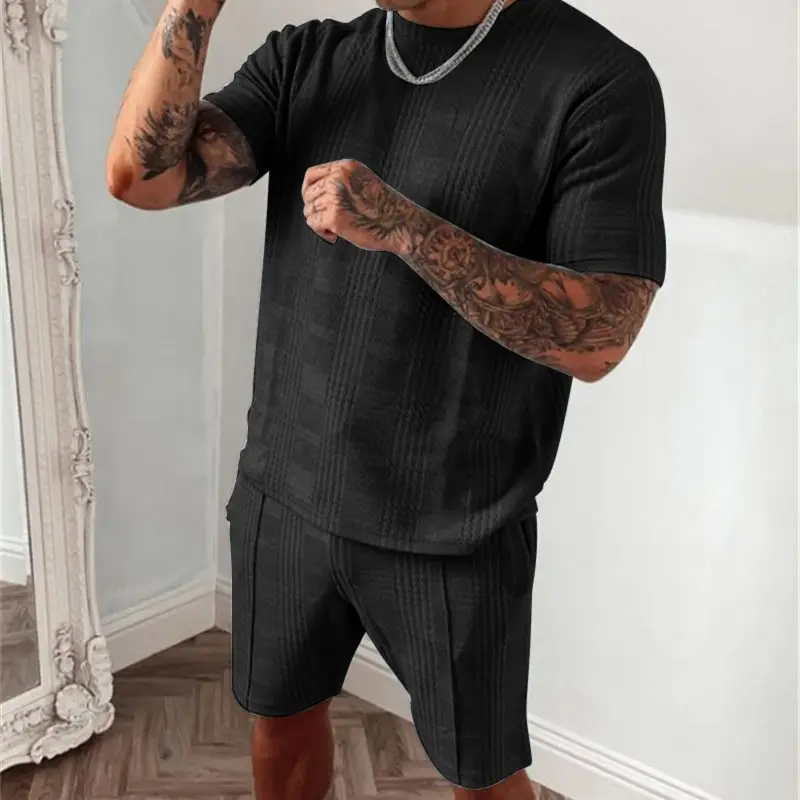 Men Green Ribbed Shorts Set Short Sleeve Casual Sports Wear - Image 7