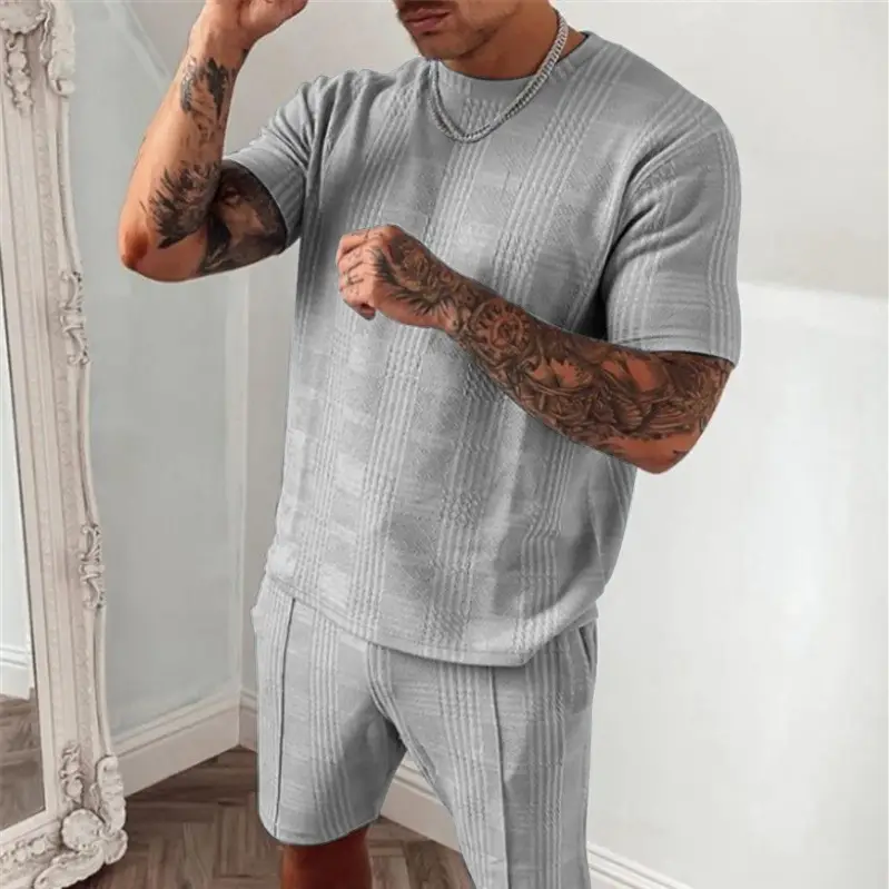 Men Green Ribbed Shorts Set Short Sleeve Casual Sports Wear - Image 8