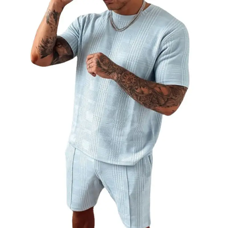Men Green Ribbed Shorts Set Short Sleeve Casual Sports Wear - Image 9