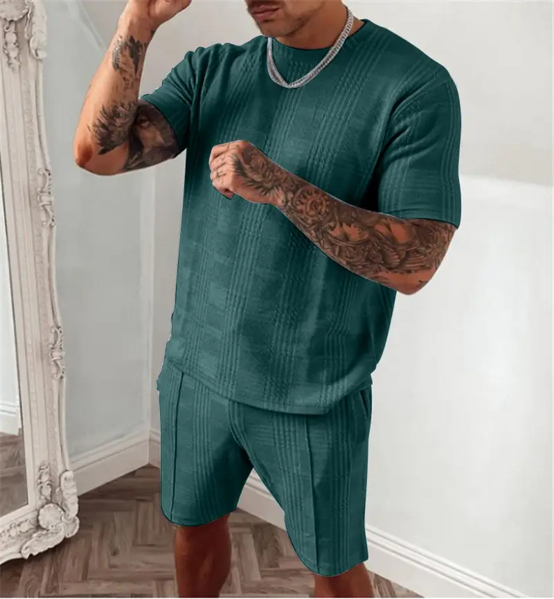 Men Green Ribbed Shorts Set Short Sleeve Casual Sports Wear - Image 2