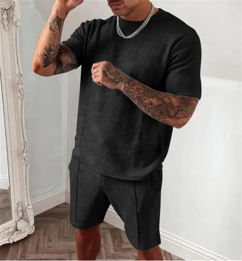 Men Green Ribbed Shorts Set Short Sleeve Casual Sports Wear - Image 3