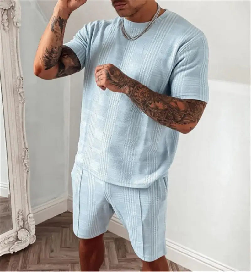 Men Green Ribbed Shorts Set Short Sleeve Casual Sports Wear - Image 4