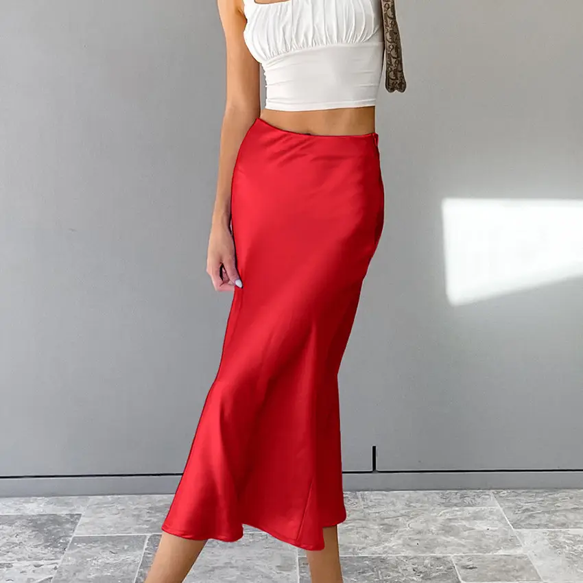 Women Satin Long Dress High Waist Slim Fit Elegant Casual Hip Skirt Brown - Image 6