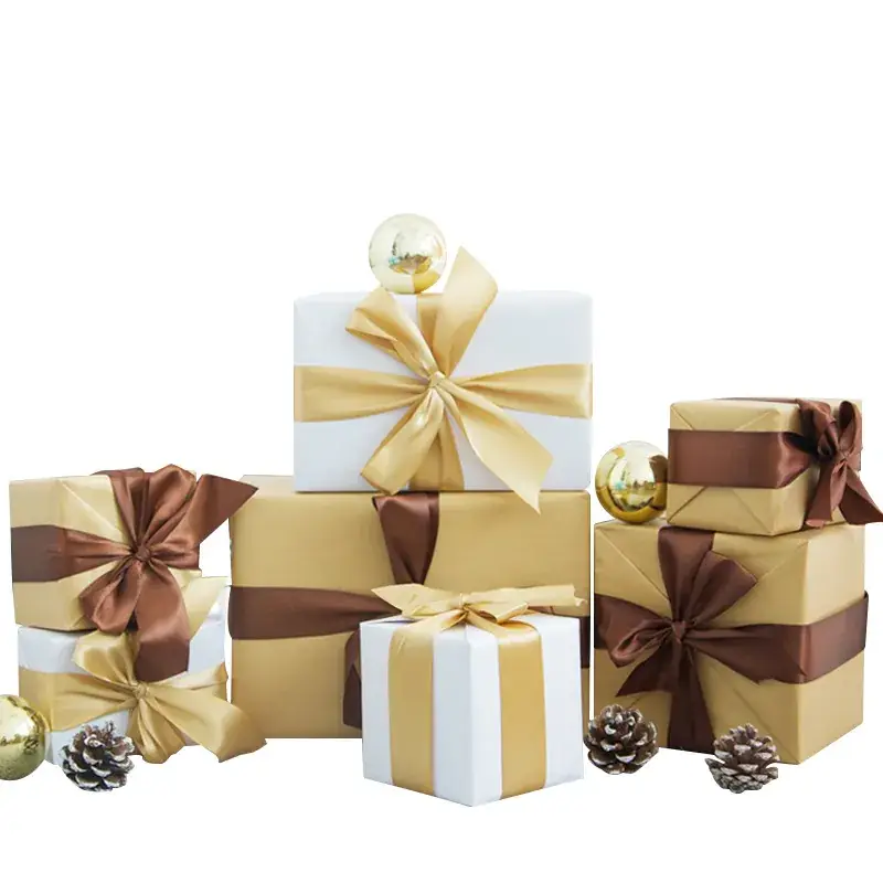 Christmas Gift Boxes Stacked Golden Bow Decor - Image 6