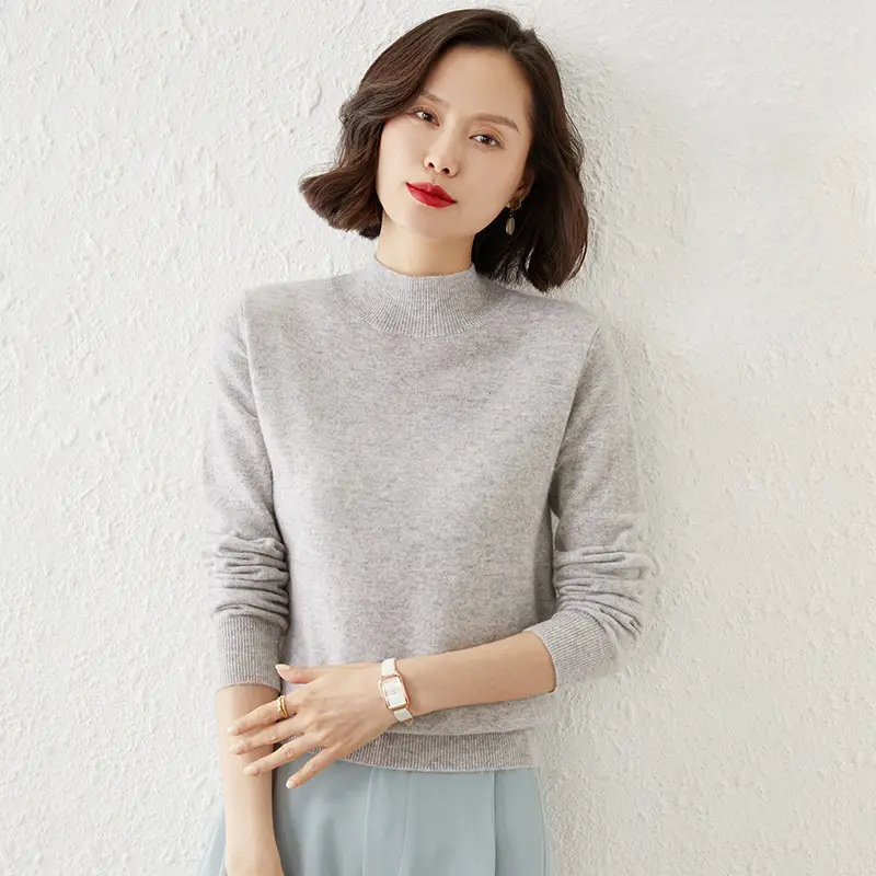 Women's Grey Half Turtleneck Pullover Sweater - Image 10