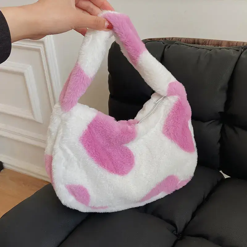 Japanese Plush Love Bag Women 2021 Shoulder Bag Pink White - Image 3