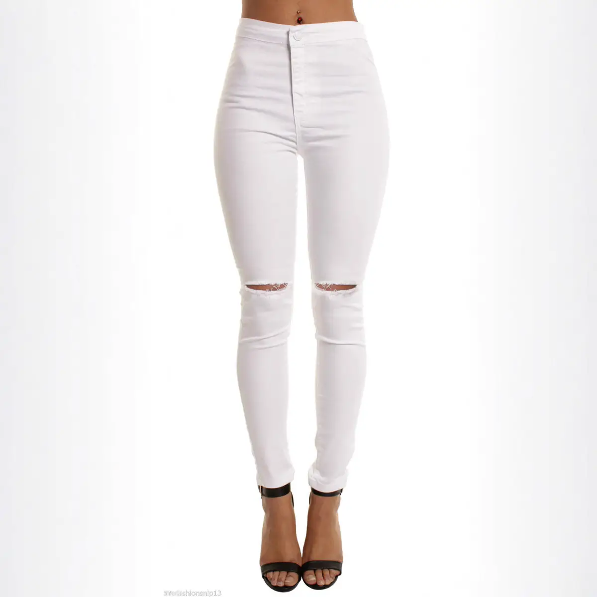 White Slimming Stretch Jeans with Knee Holes - Image 2