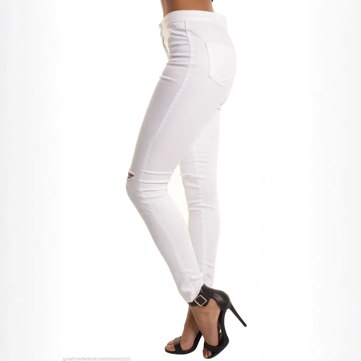 White Slimming Stretch Jeans with Knee Holes - Image 3