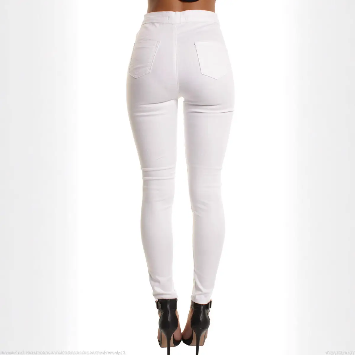 White Slimming Stretch Jeans with Knee Holes - Image 4