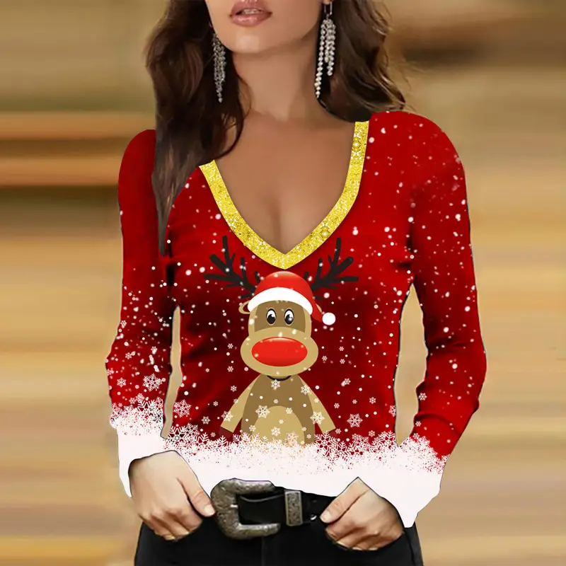 2024 Christmas Elf Print V Neck Long Sleeve T-Shirt for Women Blue