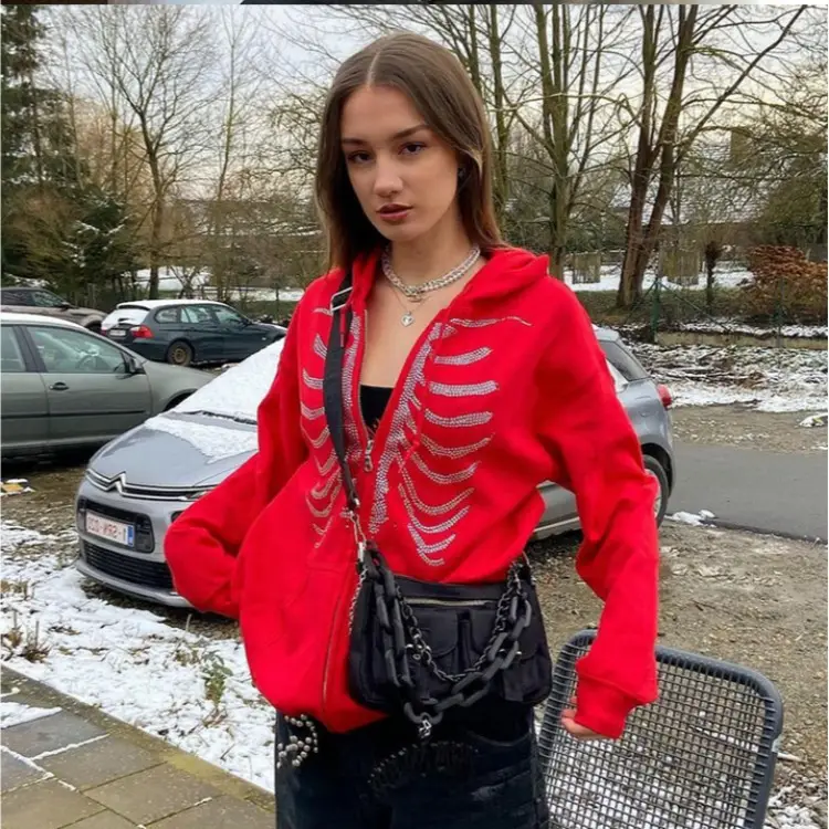 Red Sternum Rhinestone Hoodie with Zipper Front - Image 2