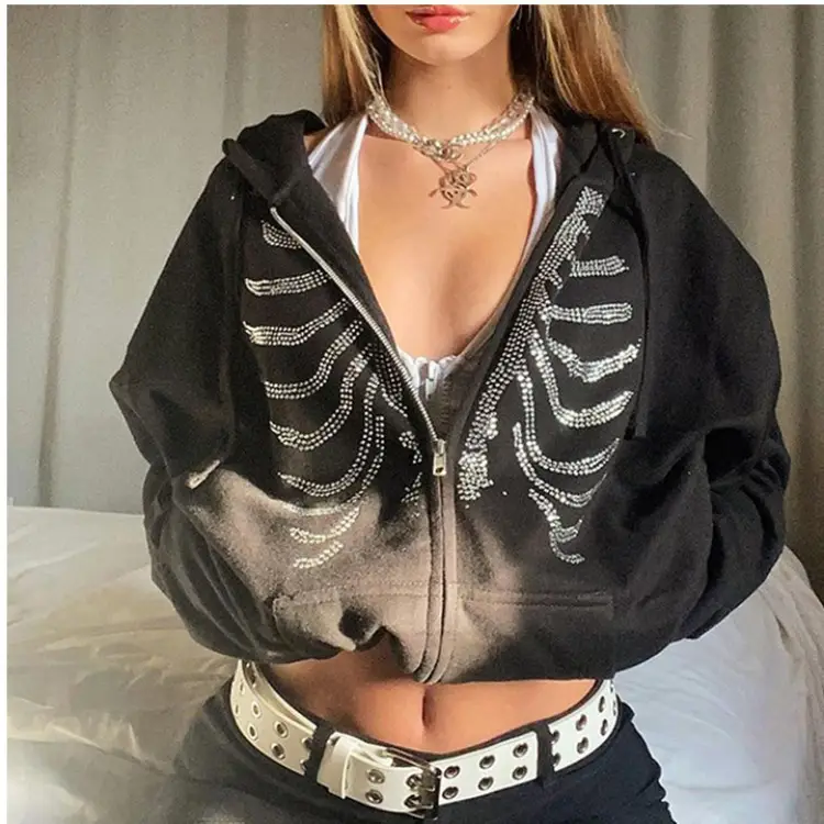 Red Sternum Rhinestone Hoodie with Zipper Front - Image 3