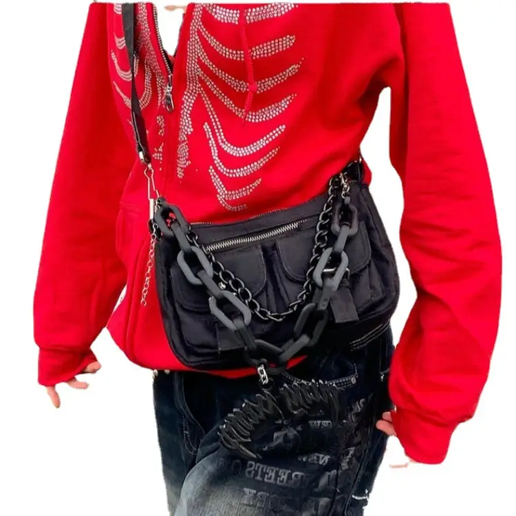 Red Sternum Rhinestone Hoodie with Zipper Front - Image 6