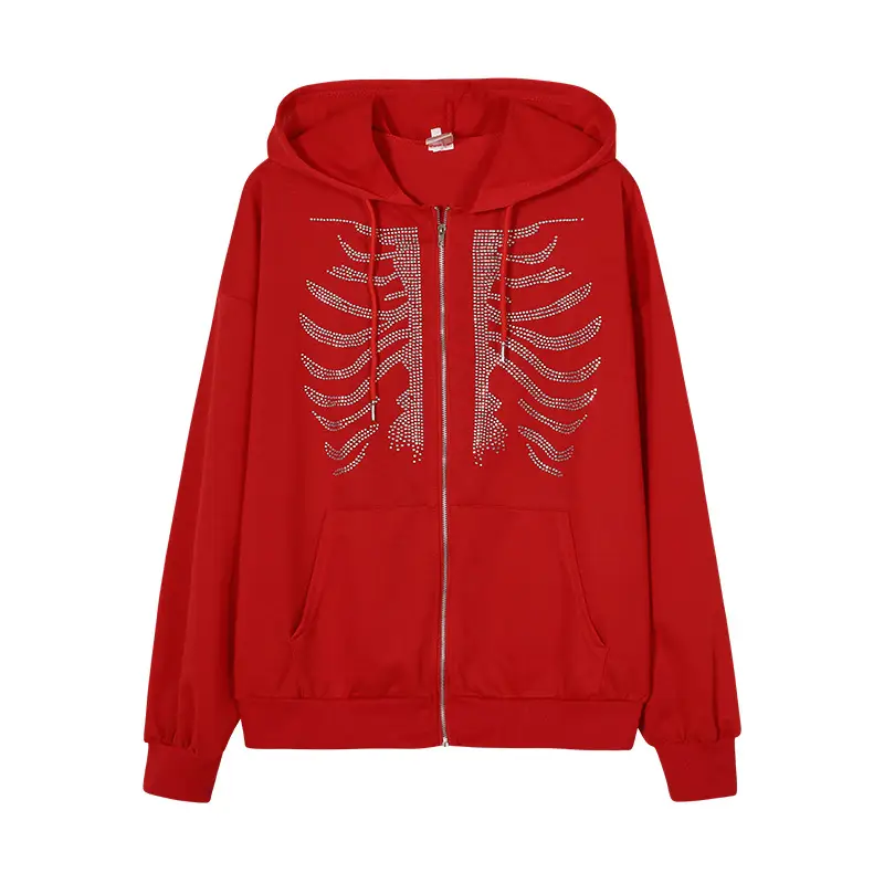 Red Sternum Rhinestone Hoodie with Zipper Front — feature 10