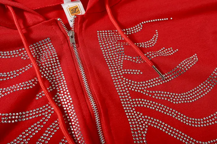 Red Sternum Rhinestone Hoodie with Zipper Front — feature 13