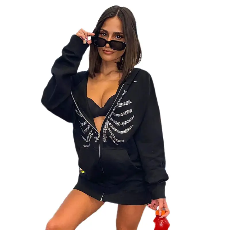 Red Sternum Rhinestone Hoodie with Zipper Front — feature 3