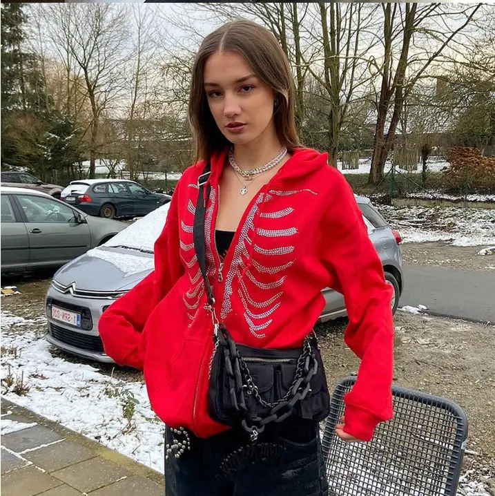 Red Sternum Rhinestone Hoodie with Zipper Front — feature 6