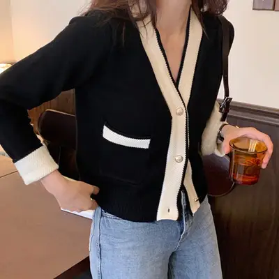 Women Knitted V-Neck Cardigan Jacket Cream Black 2025 - Image 2