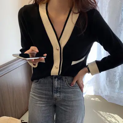 Women Knitted V-Neck Cardigan Jacket Cream Black 2025 - Image 3