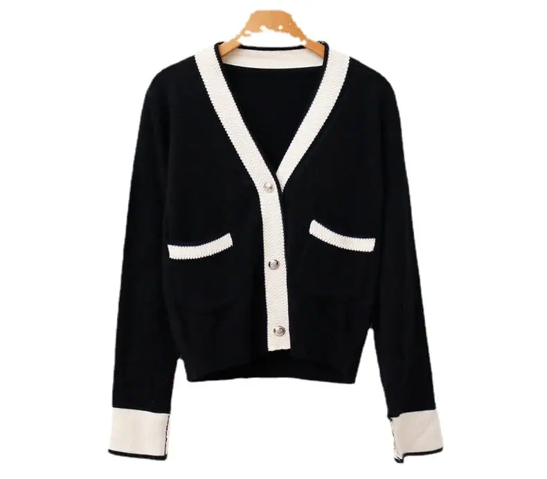 Women Knitted V-Neck Cardigan Jacket Cream Black 2025 - Image 4