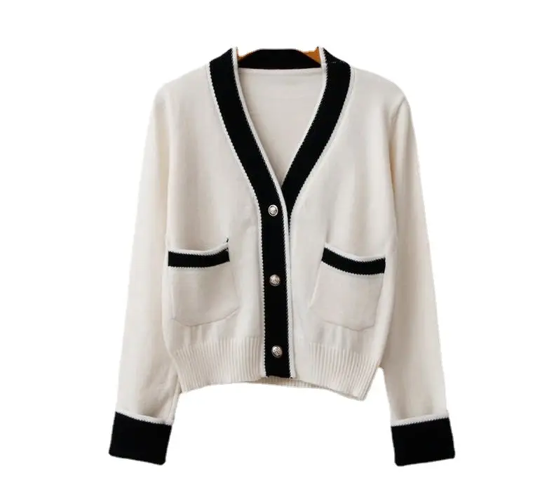 Women Knitted V-Neck Cardigan Jacket Cream Black 2025 - Image 5