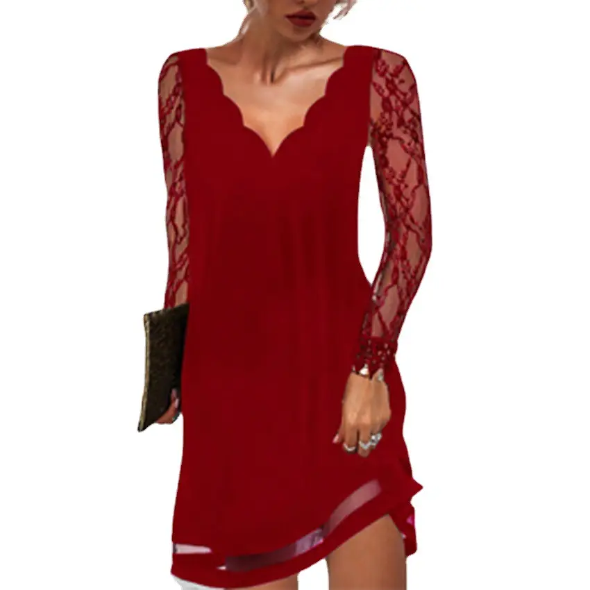 Red Lace V Neck Pullover Dress for Women