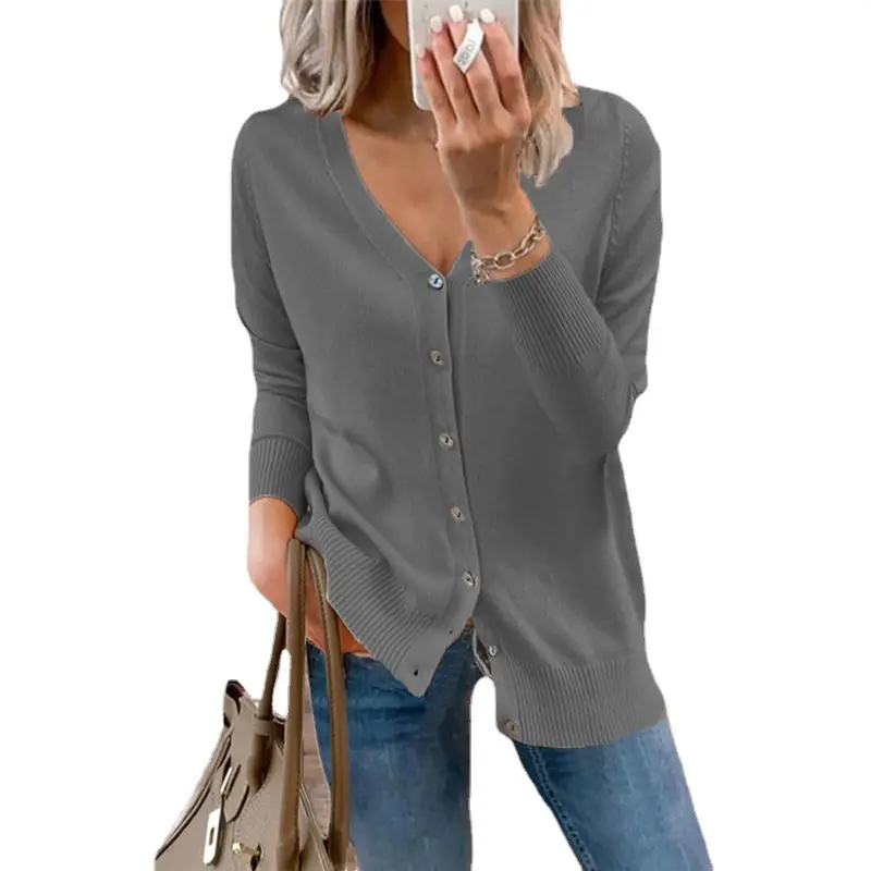 2024 Grey Button Knitwear Cardigan Jacket for Women - Image 17