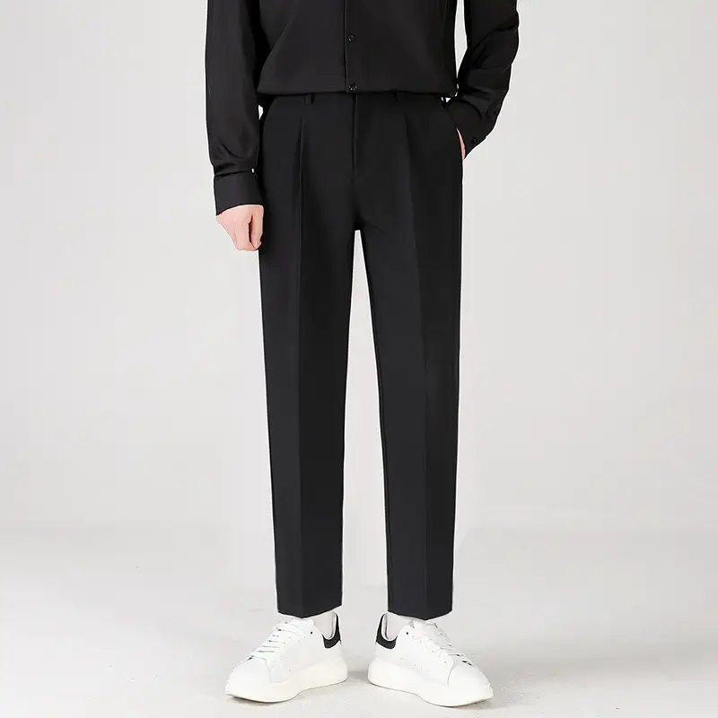 Men Black Loose Straight Pants Casual Dress Pants - Image 2