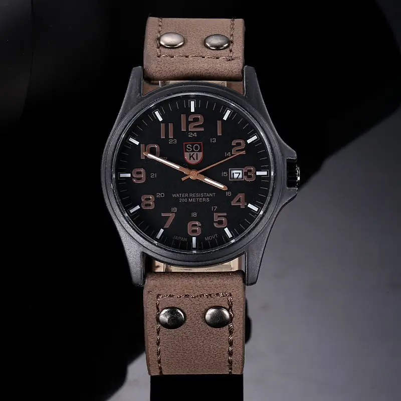 Men's Black Quartz Calendar Watch with Leather Strap