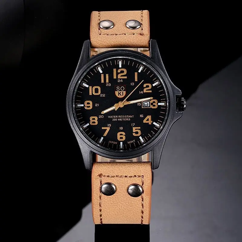 Men's Black Quartz Calendar Watch with Leather Strap