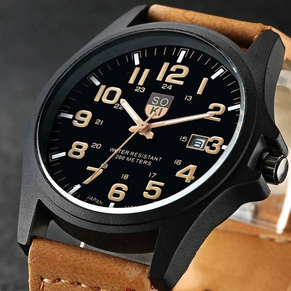 Men's Black Quartz Calendar Watch with Leather Strap